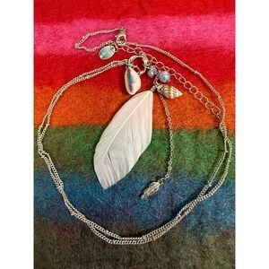 Claire's Silver Tone Long Boho Necklace White Feather Sea Shell Charms Beaded